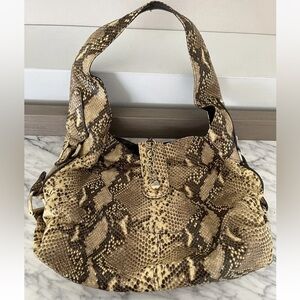 Stuart Weitzman Snake Reptile Leather Purse Hobo Shoulder Slouch Bag Brown Cream